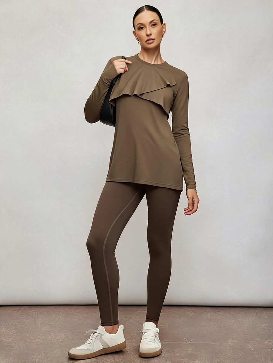 Activina Women's Modest Round Neck A-Line Loose Long T-Shirt + Fitted Cropped Pants Set, Middle Eastern Style, Autumn Sports - Olive Green - View 1