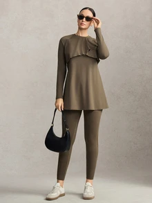 Activina Women's Modest Round Neck A-Line Loose Long T-Shirt + Fitted Cropped Pants Set, Middle Eastern Style, Autumn Sports - Olive Green - View 7