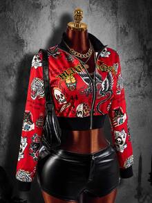 Amplova Hoodie Wanita Seksi Gaya Jalanan dengan Motif Halloween, Cetak Penuh, Resleting Depan dan Tengah, Potongan Pendek, Cocok untuk Pesta Kampus, Acara, dan Gaya Jalanan. - Krem - View 3