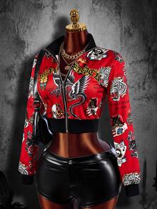 Amplova Hoodie Wanita Seksi Gaya Jalanan dengan Motif Halloween, Cetak Penuh, Resleting Depan dan Tengah, Potongan Pendek, Cocok untuk Pesta Kampus, Acara, dan Gaya Jalanan. - Krem - View 2