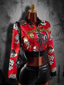 Amplova Hoodie Wanita Seksi Gaya Jalanan dengan Motif Halloween, Cetak Penuh, Resleting Depan dan Tengah, Potongan Pendek, Cocok untuk Pesta Kampus, Acara, dan Gaya Jalanan. - Krem - View 10