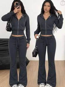 Teen Girl Teen Girls 2pcs Set Dark Gray Zip-Up Hoodie And Sweatpants Casual Outfit - Dark Grey - View 3