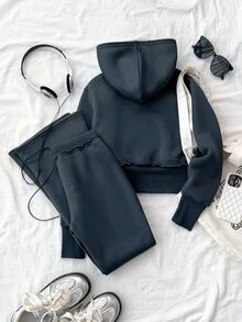 Teen Girl Teen Girls 2pcs Set Dark Gray Zip-Up Hoodie And Sweatpants Casual Outfit - Dark Grey - View 4