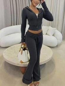 Teen Girl Teen Girls 2pcs Set Dark Gray Zip-Up Hoodie And Sweatpants Casual Outfit - Dark Grey - View 2