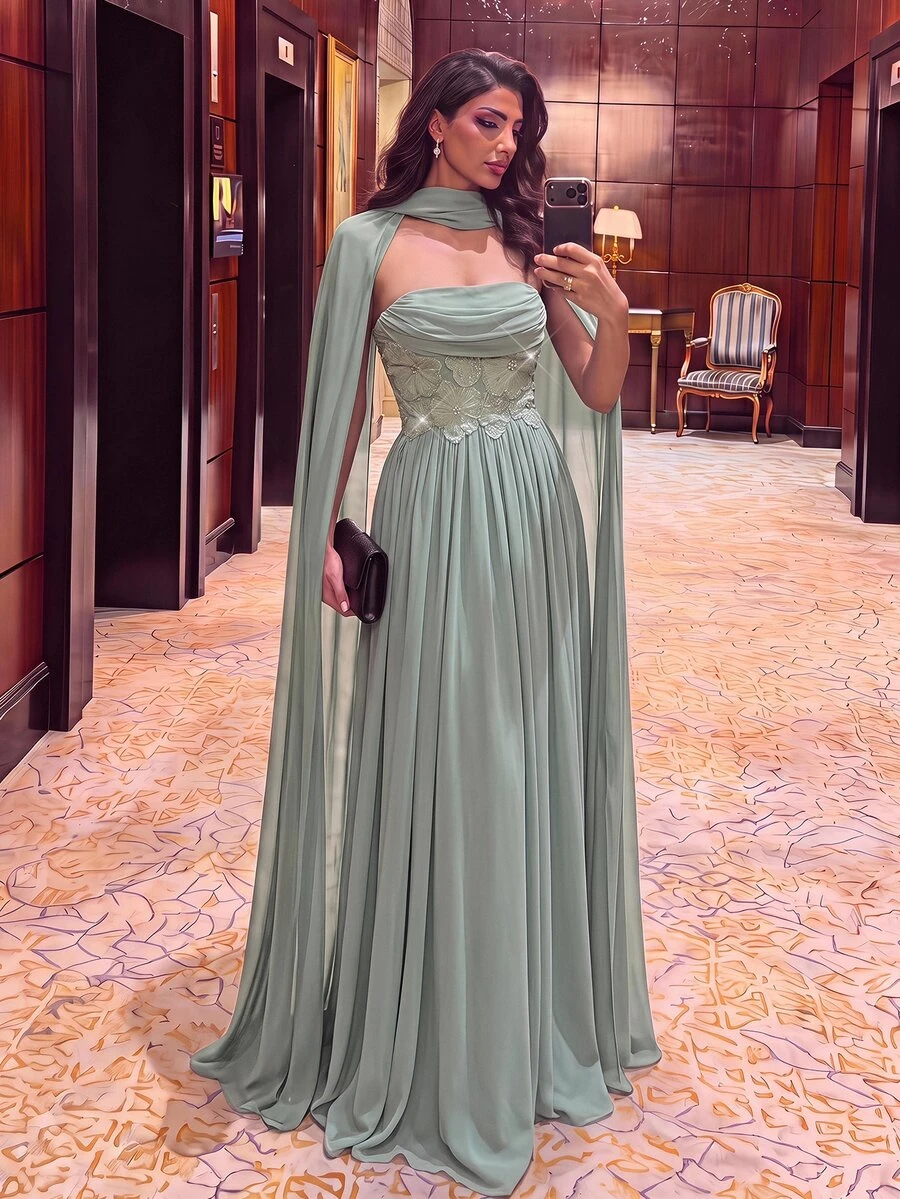 Aureia Elegant Sage Green Sequin Lace Embroidered Flowing Chiffon Strapless Ruched A-Line Floor Length Formal Evening Gown With Detachable Ribbon Prom Dress