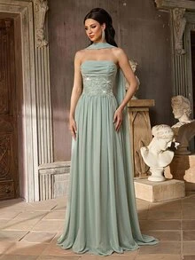 Aureia Elegant Sage Green Sequin Lace Embroidered Flowing Chiffon Strapless Ruched A-Line Floor Length Formal Evening Gown With Detachable Ribbon Prom Dress - Green - View 7