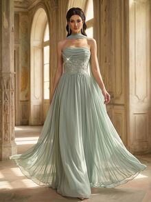 Aureia Elegant Sage Green Sequin Lace Embroidered Flowing Chiffon Strapless Ruched A-Line Floor Length Formal Evening Gown With Detachable Ribbon Prom Dress - Green - View 9