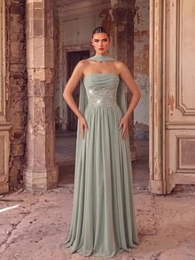 Aureia Elegant Sage Green Sequin Lace Embroidered Flowing Chiffon Strapless Ruched A-Line Floor Length Formal Evening Gown With Detachable Ribbon Prom Dress - Green - View 5