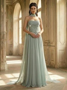 Aureia Elegant Sage Green Sequin Lace Embroidered Flowing Chiffon Strapless Ruched A-Line Floor Length Formal Evening Gown With Detachable Ribbon Prom Dress - Green - View 8