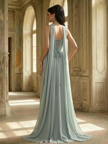 Aureia Elegant Sage Green Sequin Lace Embroidered Flowing Chiffon Strapless Ruched A-Line Floor Length Formal Evening Gown With Detachable Ribbon Prom Dress - Green - View 4