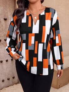 EMERY ROSE Blus Wanita Ukuran Besar Kasual Longgar Leher V Motif Cetak Tidak Beraturan Lengan Panjang, Musim Semi/Musim Gugur - MultiWarna - View 8