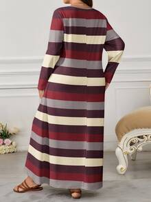 Lacomfia Plus Size Autumn Casual Colorblock Striped Dress - Multicolor - View 2