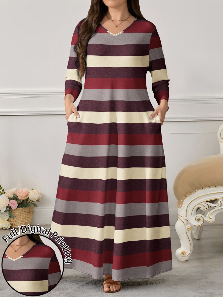Lacomfia Plus Size Autumn Casual Colorblock Striped Dress - Multicolor - View 1