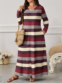 Lacomfia Plus Size Autumn Casual Colorblock Striped Dress - Multicolor - View 3