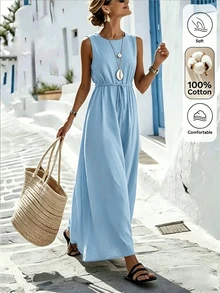 Omancia Women's Solid Color Casual Vacation Comfortable Dress, Summer Vacation Light Blue - Baby Blue - View 3