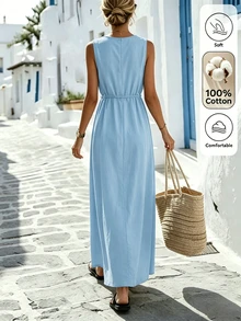 Omancia Women's Solid Color Casual Vacation Comfortable Dress, Summer Vacation Light Blue - Baby Blue - View 2