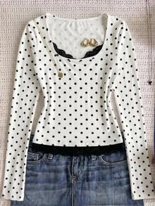 SHEIN 青少年女孩針織波點對比蕾絲飾邊圓領長袖T恤/萬聖節、秋季、冬季、秋天、Y2K、蕾絲拼接 - 白色 - 查看 2