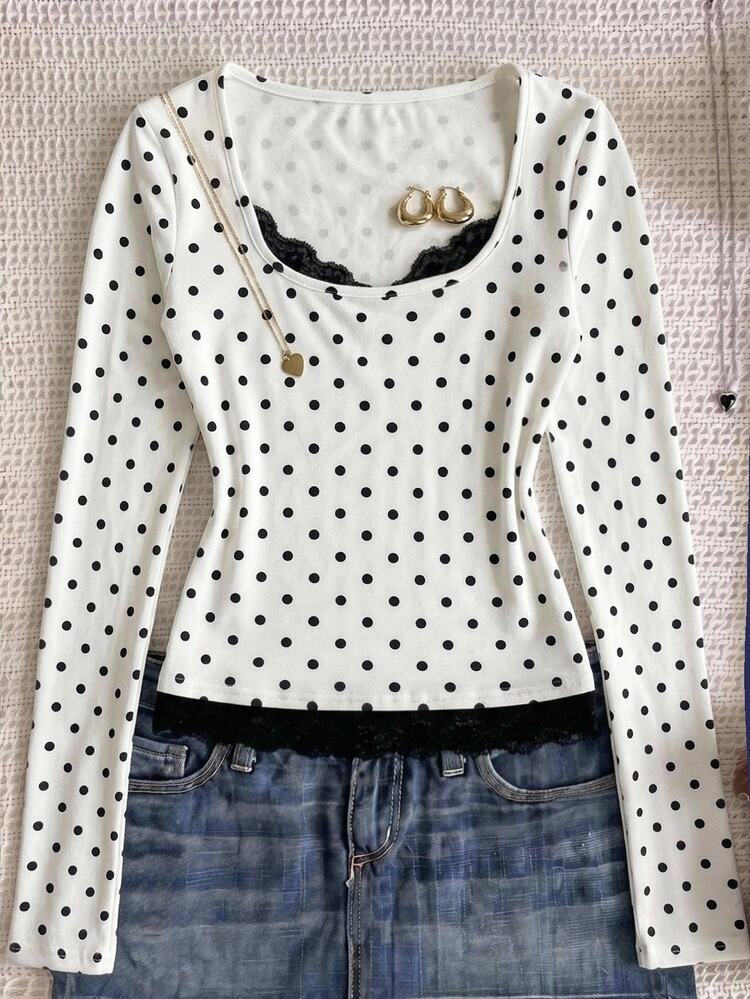 SHEIN Teen Girls Knitted Polka Dot Contrast Lace Trim Crew Neck Long Sleeve T-Shirt/Halloween,Fall,Winter,Autumn,Y2k,Lace Paneling - White - View 2