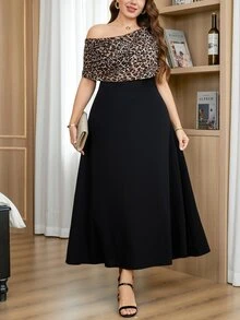 SHEIN Clasi 優雅極簡大尺碼女款豹紋不對稱領洋裝 正式生日婚禮賓客黑色夏季洋裝 - 黑色 - 查看 1