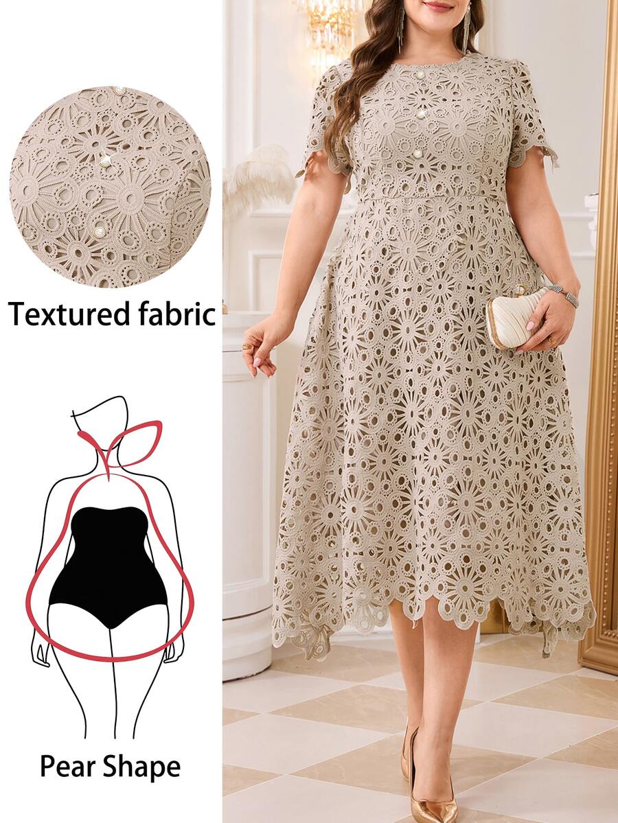 SHEIN Clasi Plus Size Elegant Party Solid Color Lace Dress - Khaki - View 1
