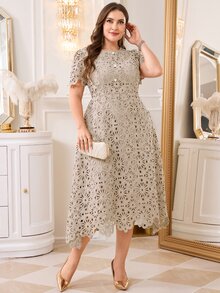 SHEIN Clasi Plus Size Elegant Party Solid Color Lace Dress - Khaki - View 7