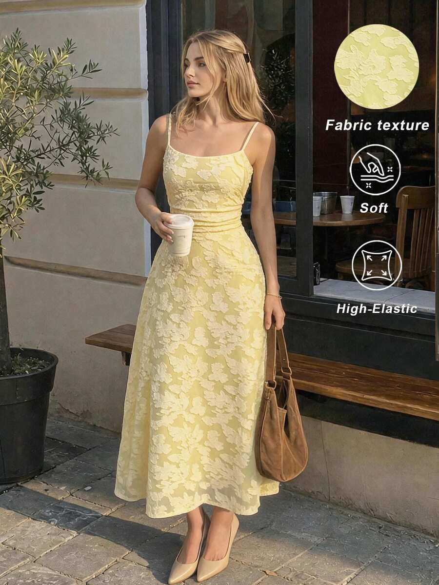 Skyraze Women Scalloped Trim Ruched Bodice Solid Cami Midi DressBackless Sleeveless Spaghetti Strap A Line Dress,Tea Party Dresses For Women - Light Yellow - View 1