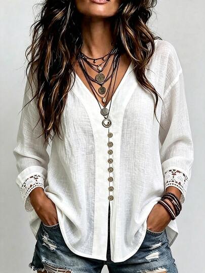 SHEIN European And American New Fashion V-Neck Elegant Design Patchwork Floral Long Sleeve Sexy Decorative Button Women's Blouse, Women's Autumn/Winter Blouse, Women's Top, Spring, Summer, Vacation, Outing, Y2K, Back To School, Casual, Beach, Business, Versatile, Sexy, Women's White Blouse