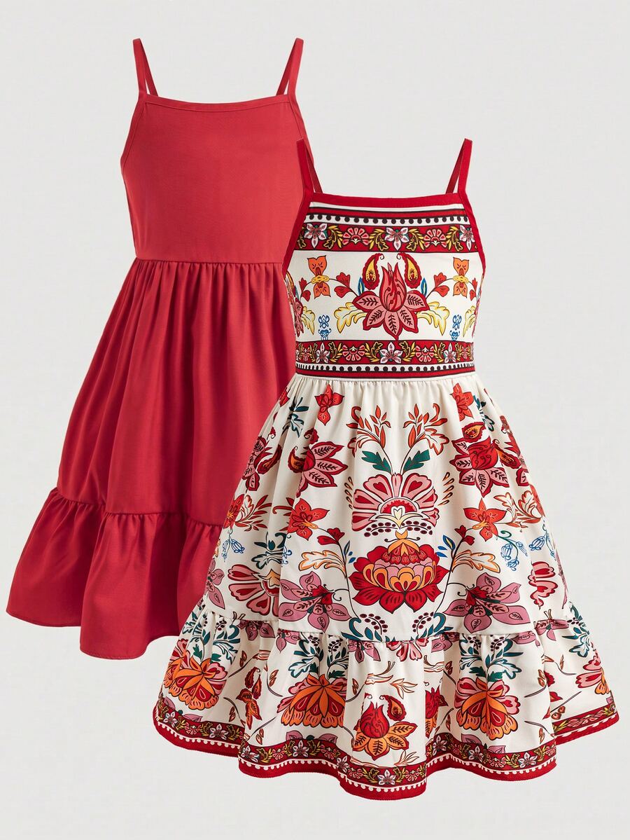 2pcs/Set Girls' Thin Strap Short Dress, Layered Patchwork Hem, Solid Brown, Randomly Sent, Fall,, Casual, Knit, Fitted, 2 Random Pcs  From 4 Designs - Multicolor - View 1