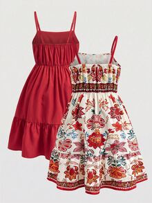 2pcs/Set Girls' Thin Strap Short Dress, Layered Patchwork Hem, Solid Brown, Randomly Sent, Fall,, Casual, Knit, Fitted, 2 Random Pcs  From 4 Designs - Multicolor - View 2
