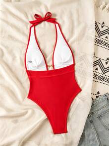 Swim SXY Springbreak 女款黑色深V掛脖性感一件式泳衣 節慶波西米亞風 - 紅色 - 查看 2