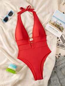 Swim SXY Springbreak 女款黑色深V掛脖性感一件式泳衣 節慶波西米亞風 - 紅色 - 查看 4