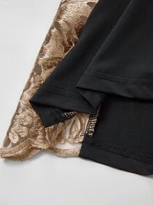 SHEIN Clasi 大尺碼女款側邊拼接刺繡網紗優雅休閒寬腿長褲 秋季婚禮正式晚宴約會穿搭 黑金配色 - 黑色 - 查看 5