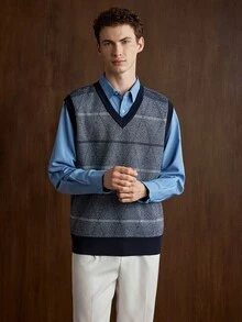 Manfinity Homme 男士鑽石針織背心外套，復古時尚 - 深灰色 - 查看 4