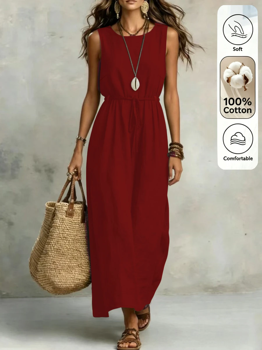 Omancia Women's Solid Color Casual Vacation Comfortable Dress, Summer Vacation Red - Red - View 1