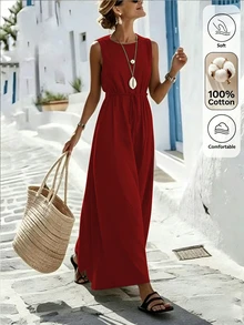 Omancia Women's Solid Color Casual Vacation Comfortable Dress, Summer Vacation Red - Red - View 3