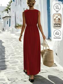 Omancia Women's Solid Color Casual Vacation Comfortable Dress, Summer Vacation Red - Red - View 2