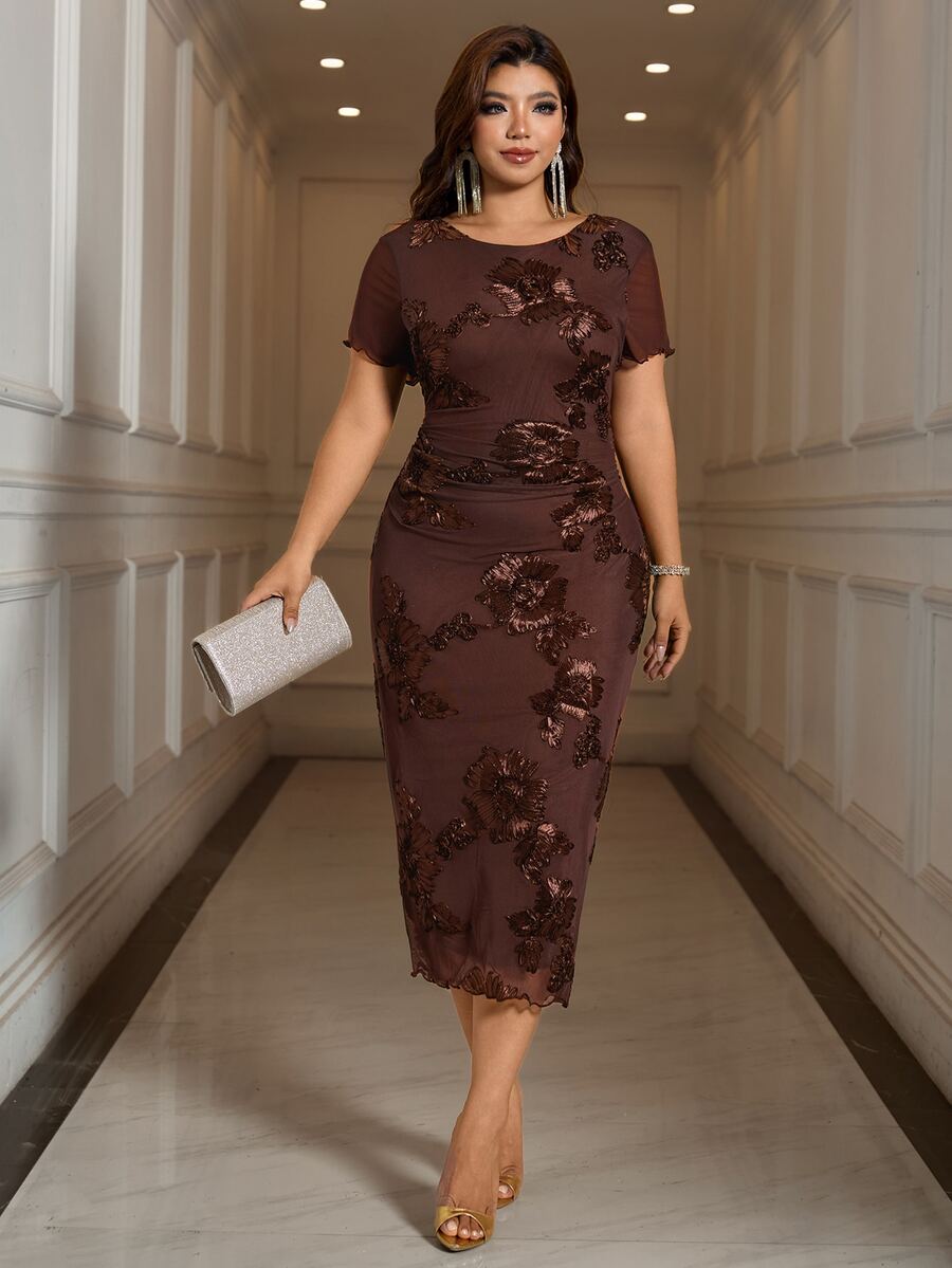 Reflora Plus Size Elegant Casual Embroidered Fashion Round Neck Evening Dress Wedding Formal Brunch Party Dinner Chocolate Brown Summer