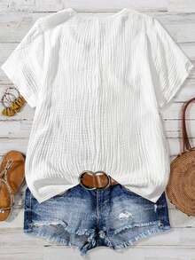Linhara Plus Size Vacation Casual Solid Color Lace Patchwork Shirt - White - View 2