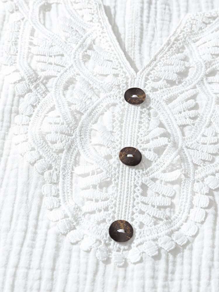 Linhara Plus Size Vacation Casual Solid Color Lace Patchwork Shirt - White - View 3