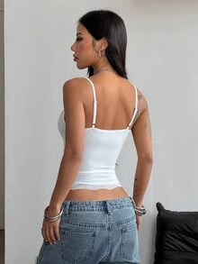 Coolane 女款四季通用外出可愛日常基本款對比色蕾絲蝴蝶結修身白色背心上衣 低胸性感上衣 34%棉 - 白色 - 查看 6