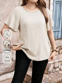Edennvi Plus Size Round Neck Lace Patchwork Ruffle Sleeve Textured Crepe Blouse Office Dinner Beige Summer Casual Normal Autumn Fall Clothes For Women Cotton - Apricot - View 1