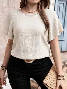 Edennvi Plus Size Round Neck Lace Patchwork Ruffle Sleeve Textured Crepe Blouse Office Dinner Beige Summer Casual Normal Autumn Fall Clothes For Women Cotton - Apricot - View 4
