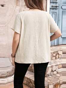 Edennvi Plus Size Round Neck Lace Patchwork Ruffle Sleeve Textured Crepe Blouse Office Dinner Beige Summer Casual Normal Autumn Fall Clothes For Women Cotton - Apricot - View 2