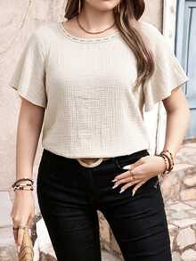 Edennvi Plus Size Round Neck Lace Patchwork Ruffle Sleeve Textured Crepe Blouse Office Dinner Beige Summer Casual Normal Autumn Fall Clothes For Women Cotton - Apricot - View 5