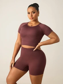 SHEIN Rhythm Era Plus Size Women's Seamless Short Sleeve Top & Shorts Set - Coffee Brown - View 4