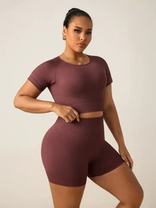 SHEIN Rhythm Era Plus Size Women's Seamless Short Sleeve Top & Shorts Set - Coffee Brown - View 5