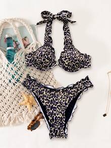 SHEIN Swim مجموعة بكيني بطبعة نمر قطعتين، قماش مُحبوك مع سلك داخلي، رباط عنق، ظهر عميق الحفرة، شورت قصير، تريم كشكش جميل، ملابس سباحة للشاطئ والحفلات والحمام بطراز رجعي وجذاب - متعدد الألوان - مشاهدة 4