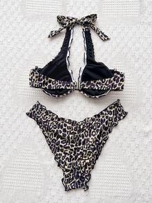 SHEIN Swim مجموعة بكيني بطبعة نمر قطعتين، قماش مُحبوك مع سلك داخلي، رباط عنق، ظهر عميق الحفرة، شورت قصير، تريم كشكش جميل، ملابس سباحة للشاطئ والحفلات والحمام بطراز رجعي وجذاب - متعدد الألوان - مشاهدة 2