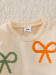 SHEIN Playful Pals 女童甜美蝴蝶結運動衫套裝 秋季可愛 H 植絨印花上衣與焦糖色彈性內搭褲 柔軟 2 件套 適合嬰兒與幼童 日常百搭 - 杏色 - 查看 5