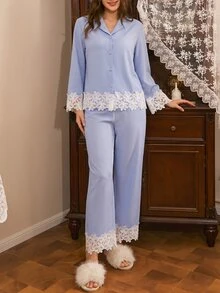 Côtesoire 南法風成熟優雅泡泡皺褶前開襟女款睡衣套裝 - 天藍色 - 查看 4